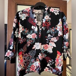 Natori Black multicolored oriental floral print 3/4 sleeves v-neck size small